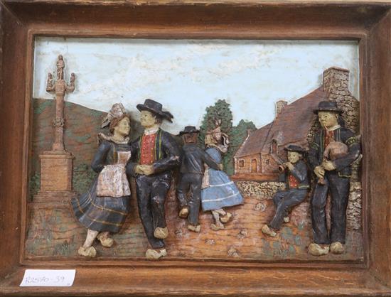 A pair of 19th century Brittany polychrome painted carved wood relief panels Fisherfolk and Village Dance 22 x 34cm